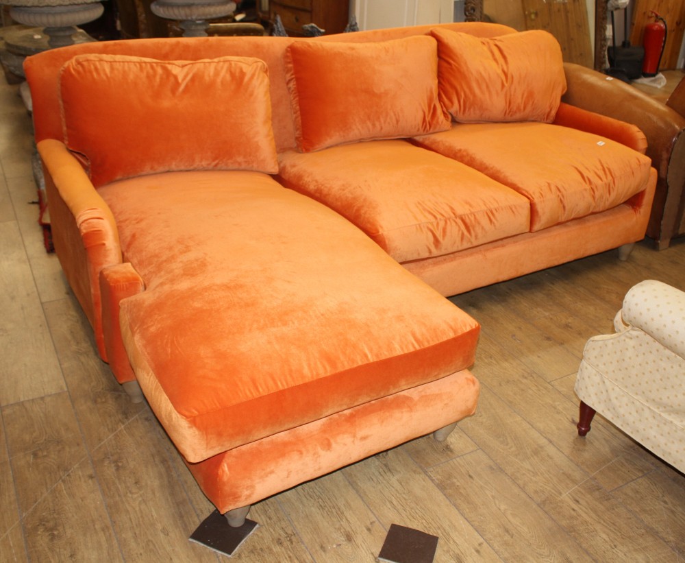 A Loaf orange velvet corner sofa group, W.226cm max.D 156cm H.84cm